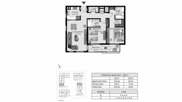 Apartment floor plan, 2 bedrooms in HILLSIDE RESIDENCES No. 11008 (2D)