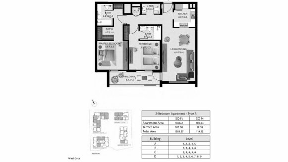 Apartment floor plan, 2 bedrooms in HILLSIDE RESIDENCES No. 11009 (2D)
