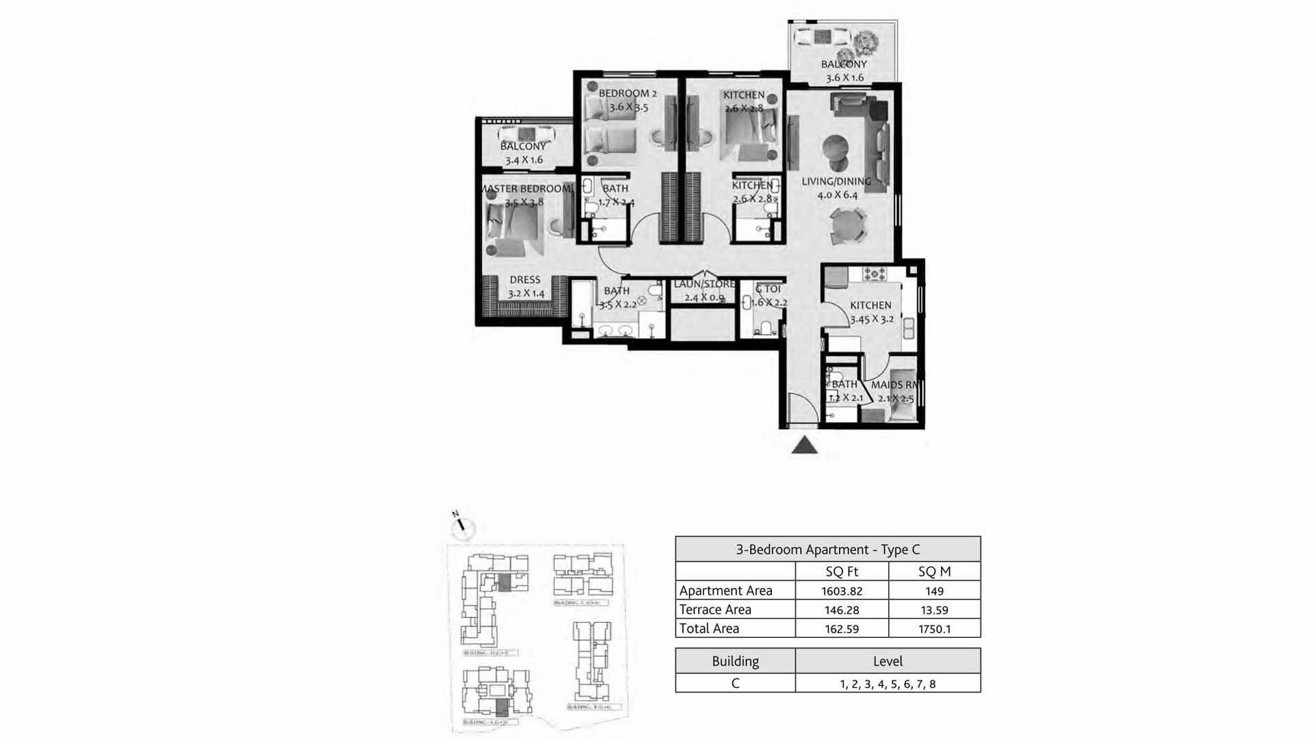 Apartment floor plan, 3 bedrooms in HILLSIDE RESIDENCES No. 11010